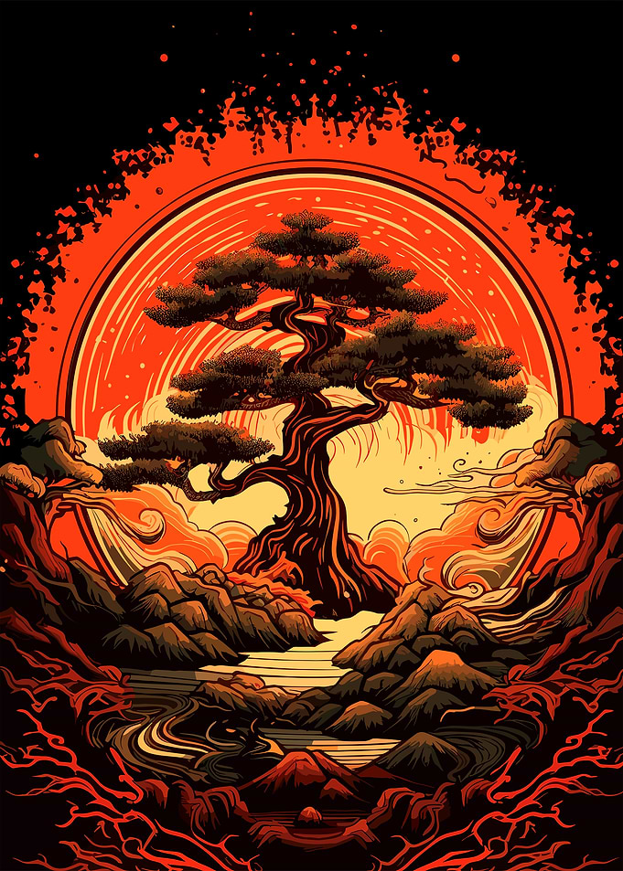 Bonsai Tree in Japanese Landscape