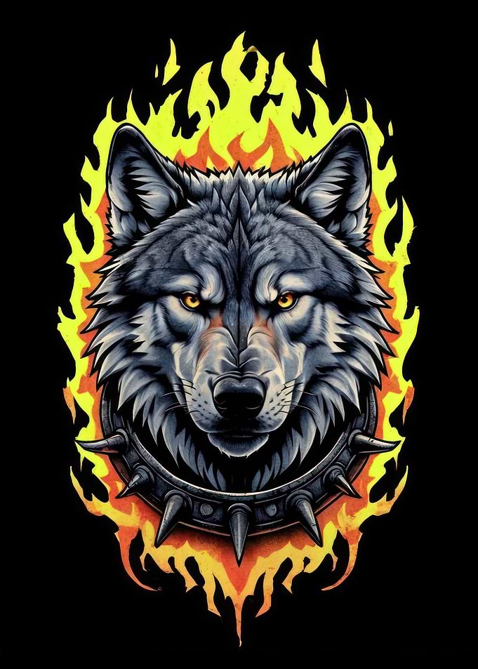 Wolf Head in Flames with Spiked Collar