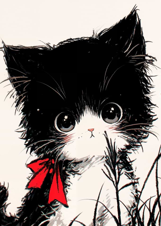 Cute Black and White Neko Cat with Red Bow