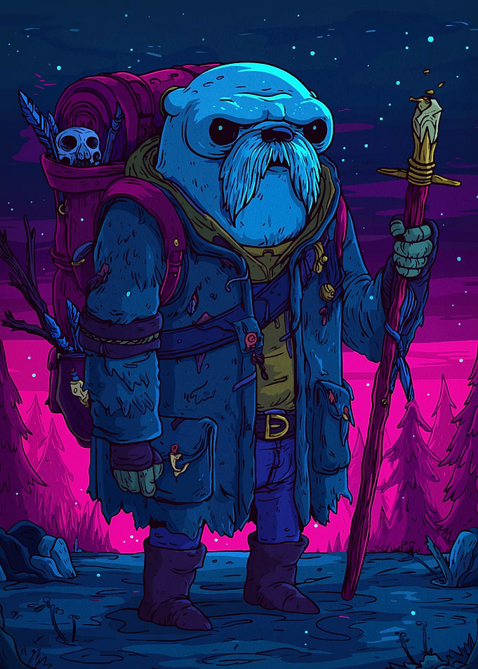 Blue Otter Traveler in Fantasy Landscape