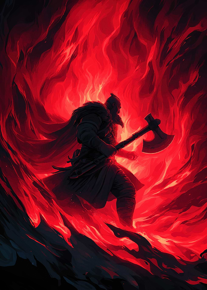 Viking Warrior in Fiery Abyss
