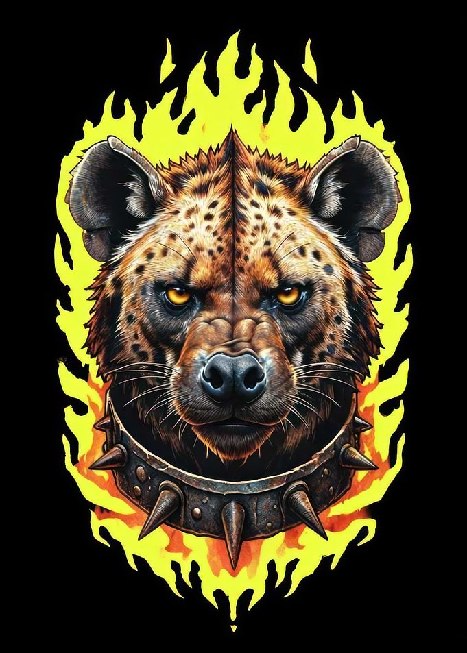 Hyena with spiked collar in flames