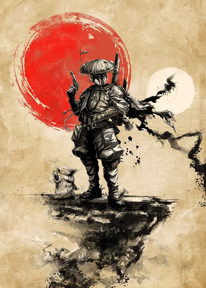 Mandalorian and Grogu in Sumi-e Style