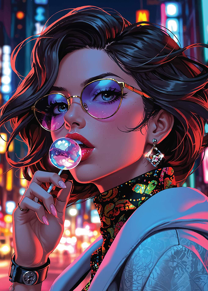 Woman with Lollipop in Cityscape