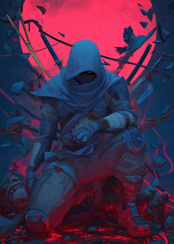 Hooded Warrior with Swords and Red Moon