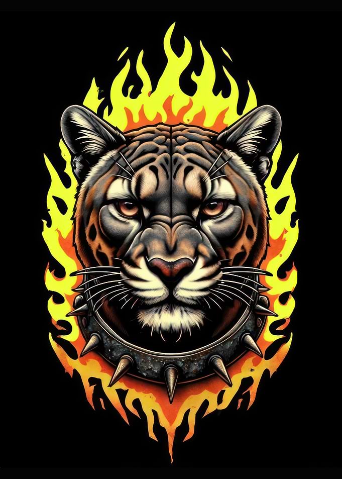 Fierce Panther Head with Flames