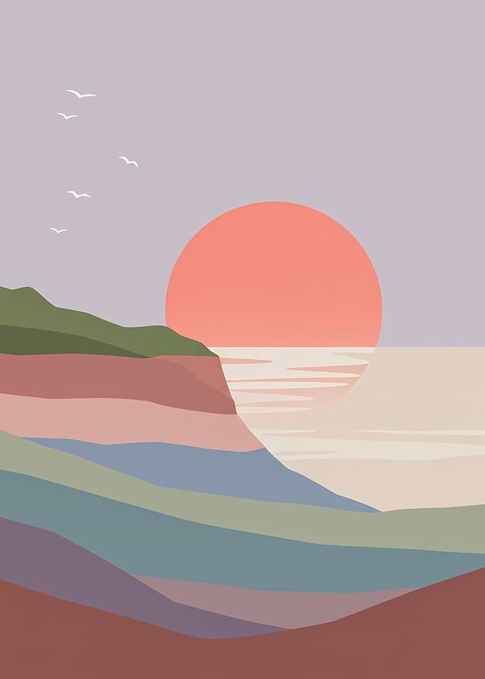 Minimalist Sunset Landscape with Birds