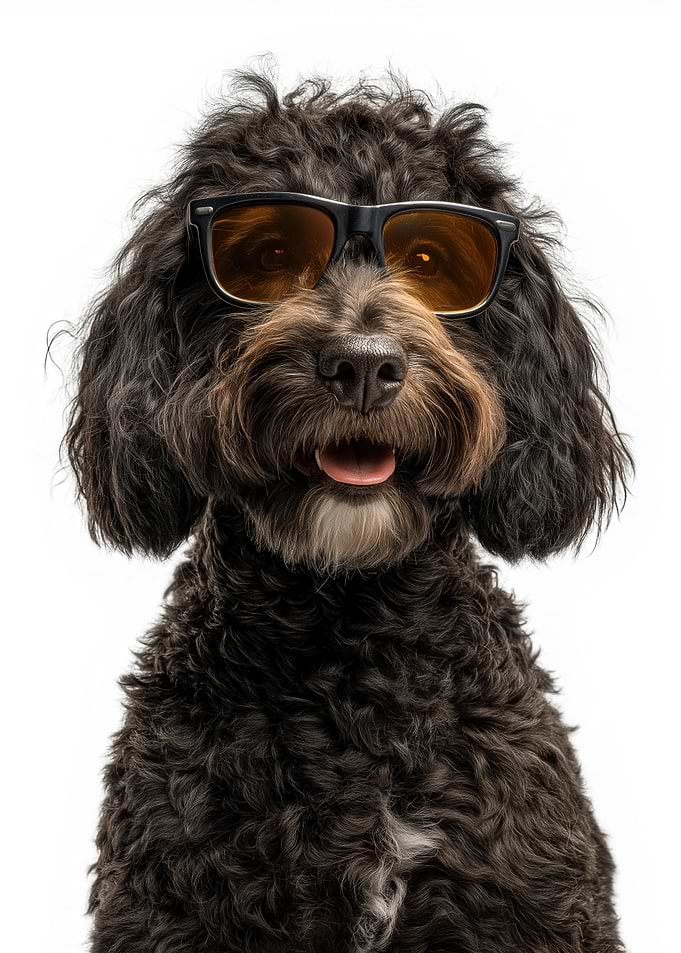 Cool Spanish Water Dog with Sunglasses Portrait