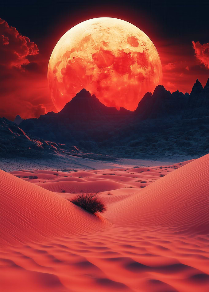 Red Desert Landscape with Full Moon