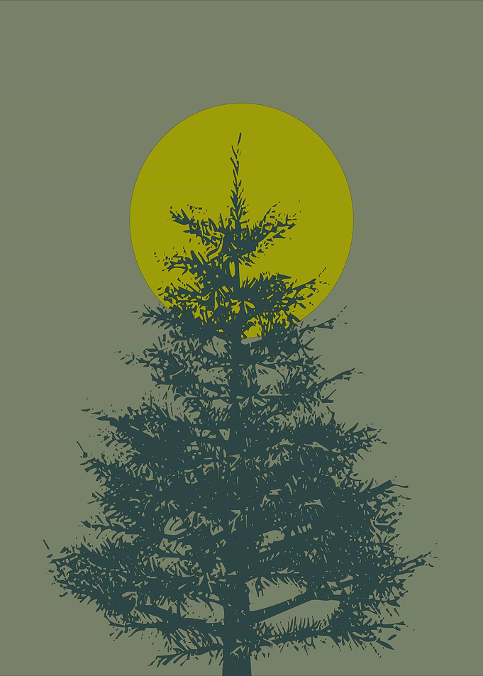 Pine Tree Silhouette with Yellow Circle