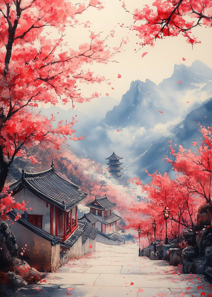 Cherry Blossoms in Asian Landscape