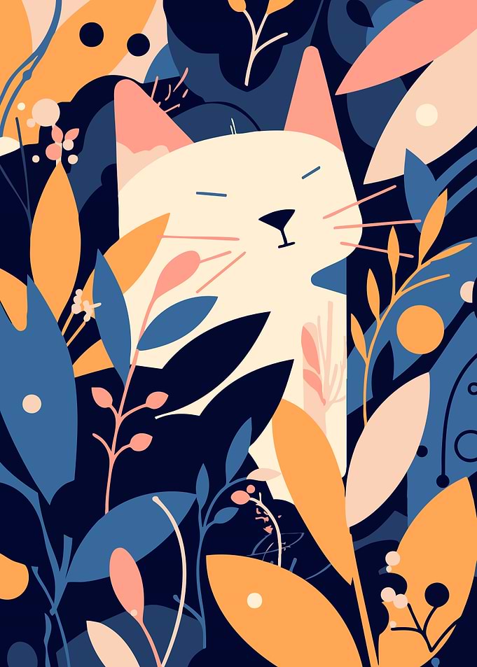 Cute Cat among Plants Minimalist Art Illustration