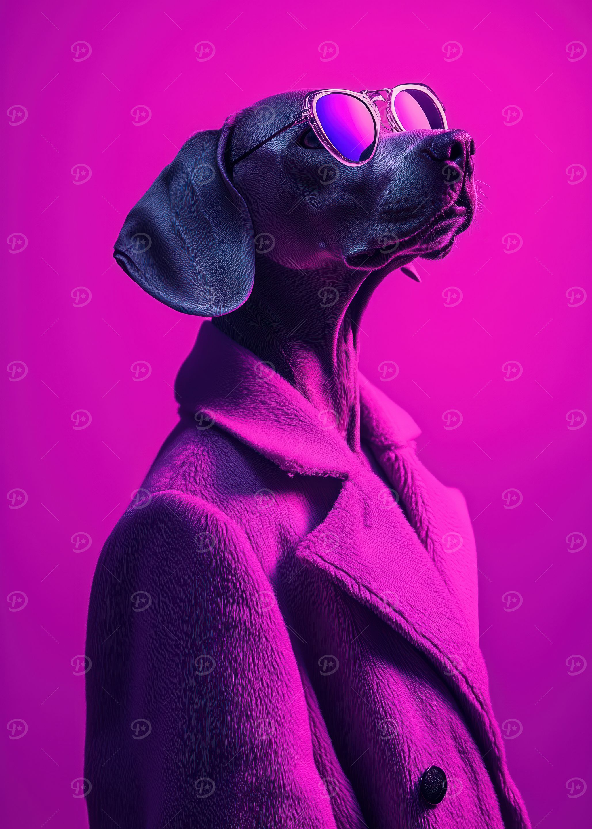 Dog in Sunglasses and Coat - Magenta Swagger: Stylish Weimaraner in Pink Coat - Neon Pop Art Portrait