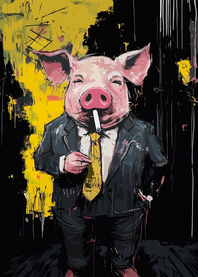 Pig in Suit Smoking Cigarette Art