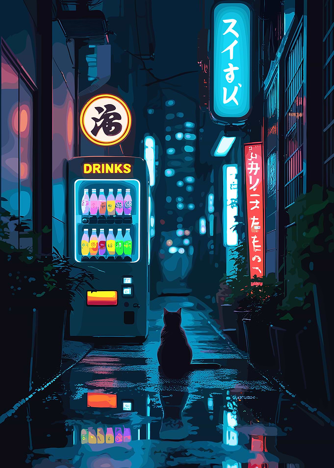 Cat in Neon Japanese Alleyway