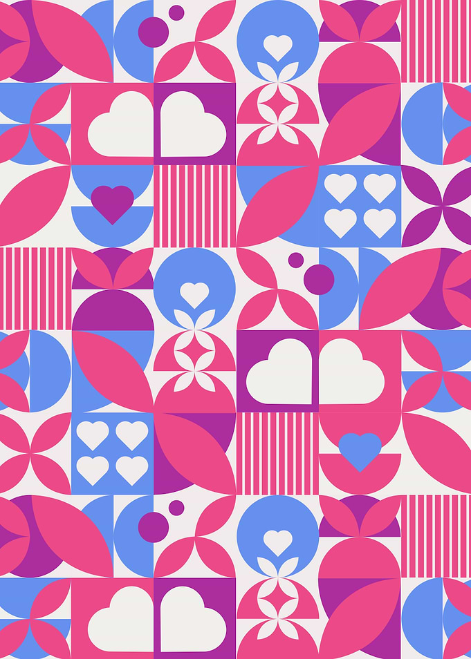 Romantic Bauhaus Geometric Pattern with Hearts and Flowers