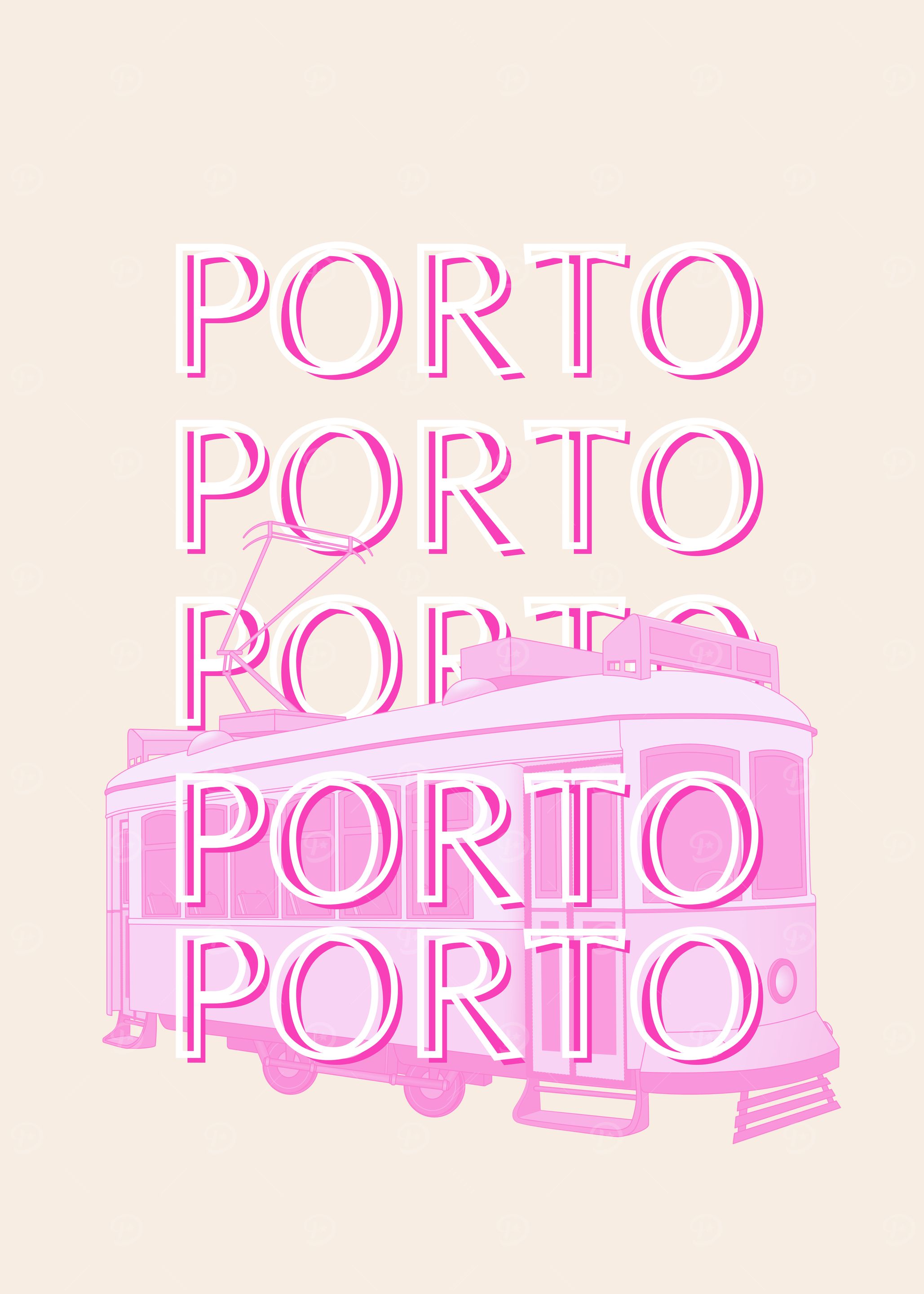 Porto Tram Pink Illustration Travel Art