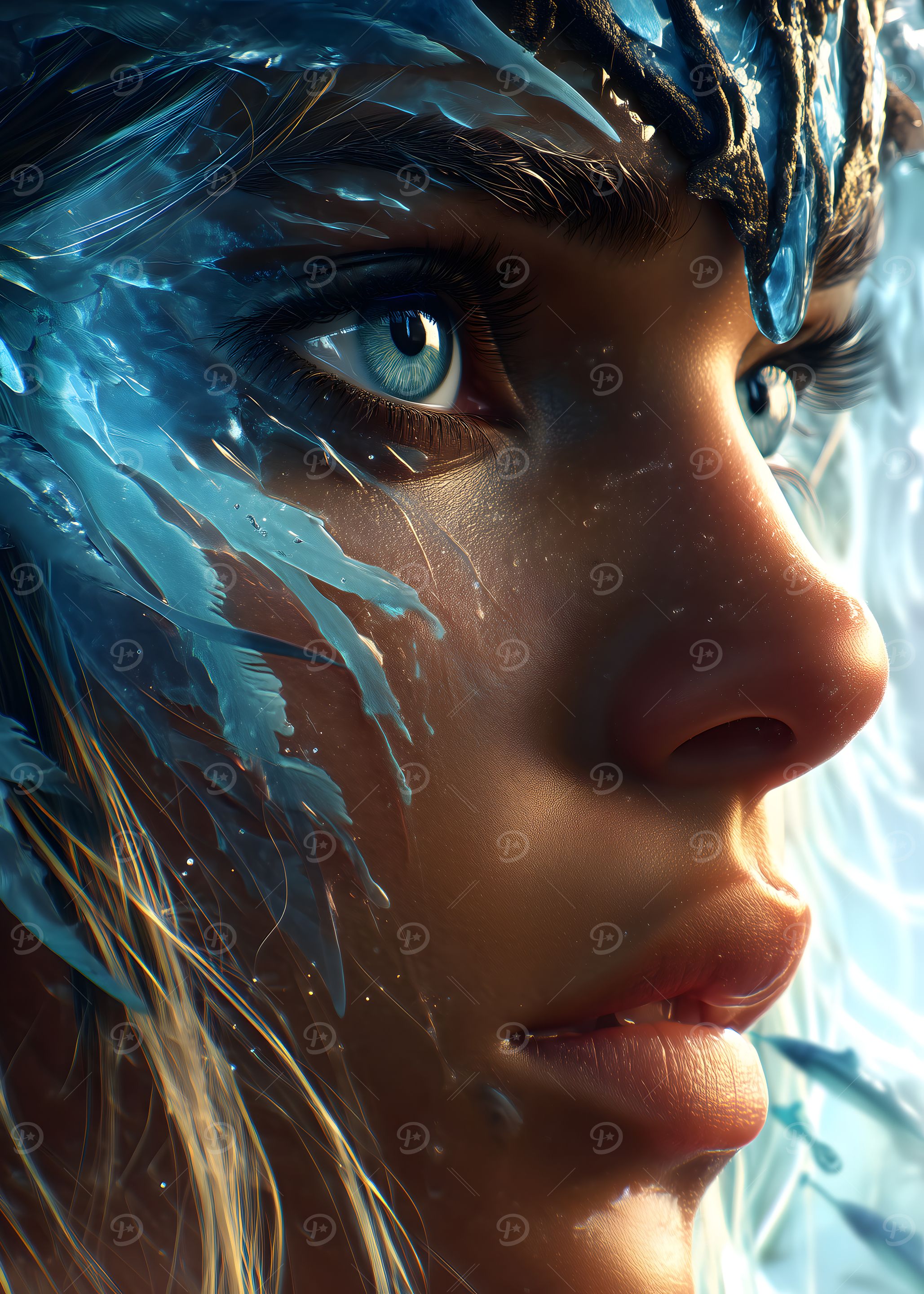 Woman with Blue Feathers and Eyes