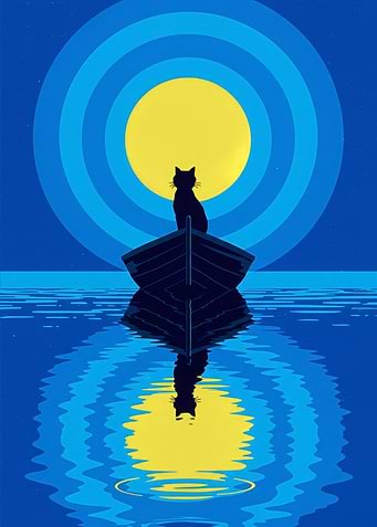 Cat on Boat Under Moon