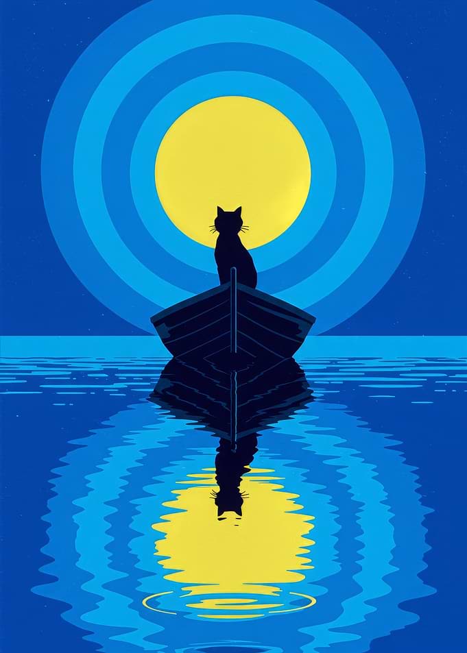 Cat on Boat Under Moon