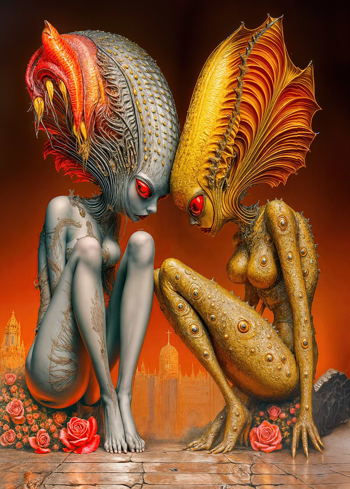 Two Alien Priestesses with Red Eyes
