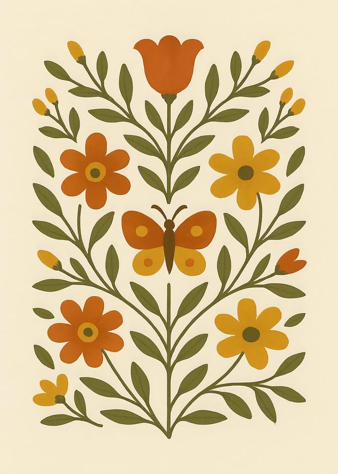Folk Art Butterfly And Floral Scandinavian