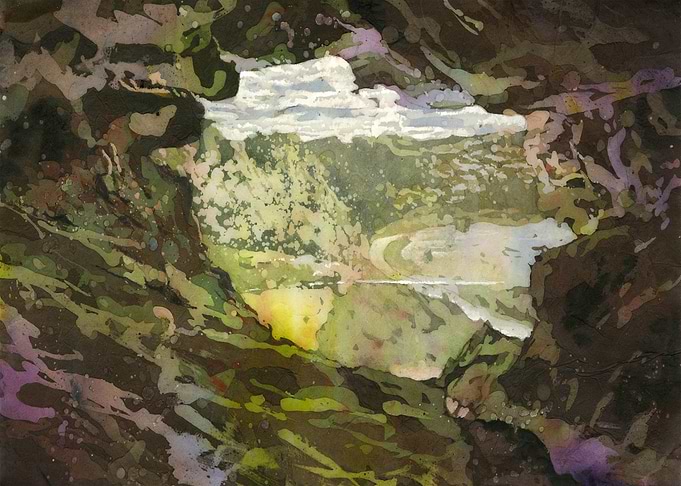 Watercolor Landscape with River View