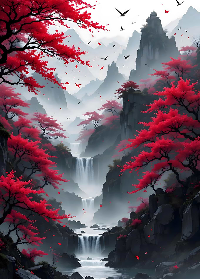 Red Trees Waterfall Mountain Landscape