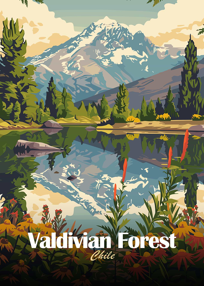 Valdivian Forest Chile Landscape Illustration