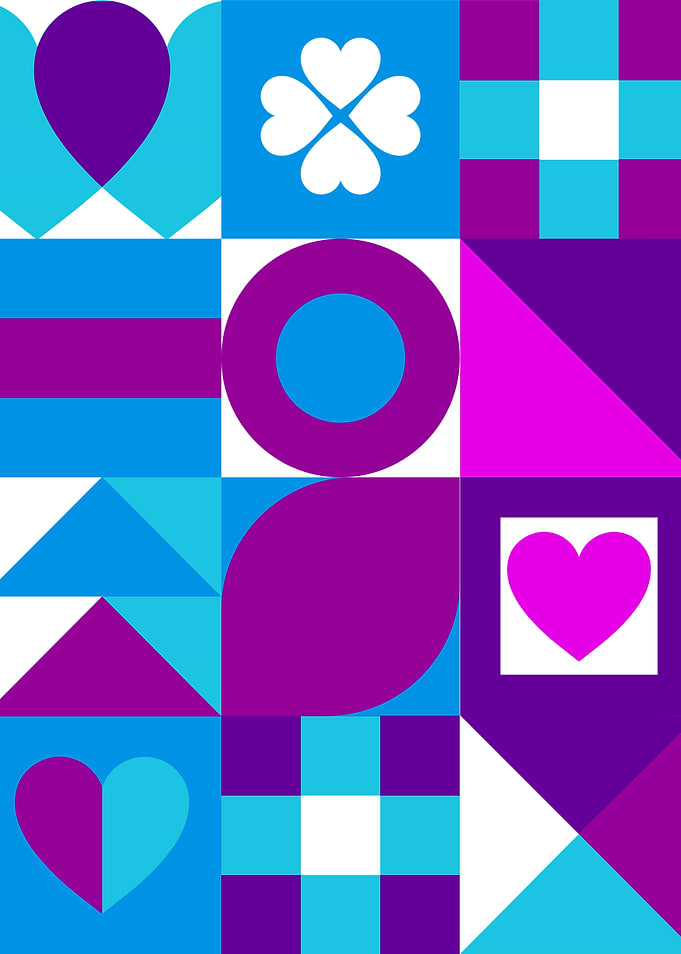 Bauhaus Geometric Shapes Pattern in Blue and Purple