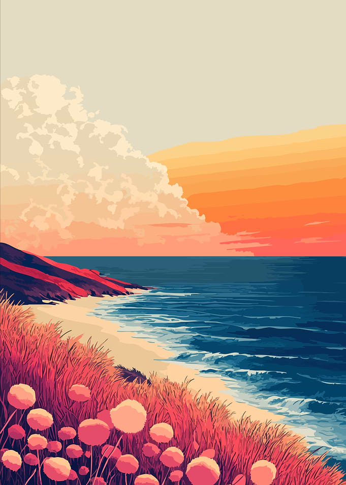 Red Field Beach Coast Sunset Landscape Minimalist Art Illustration