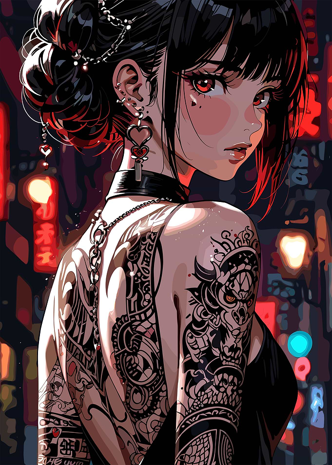 Anime Girl with Tattoos in City