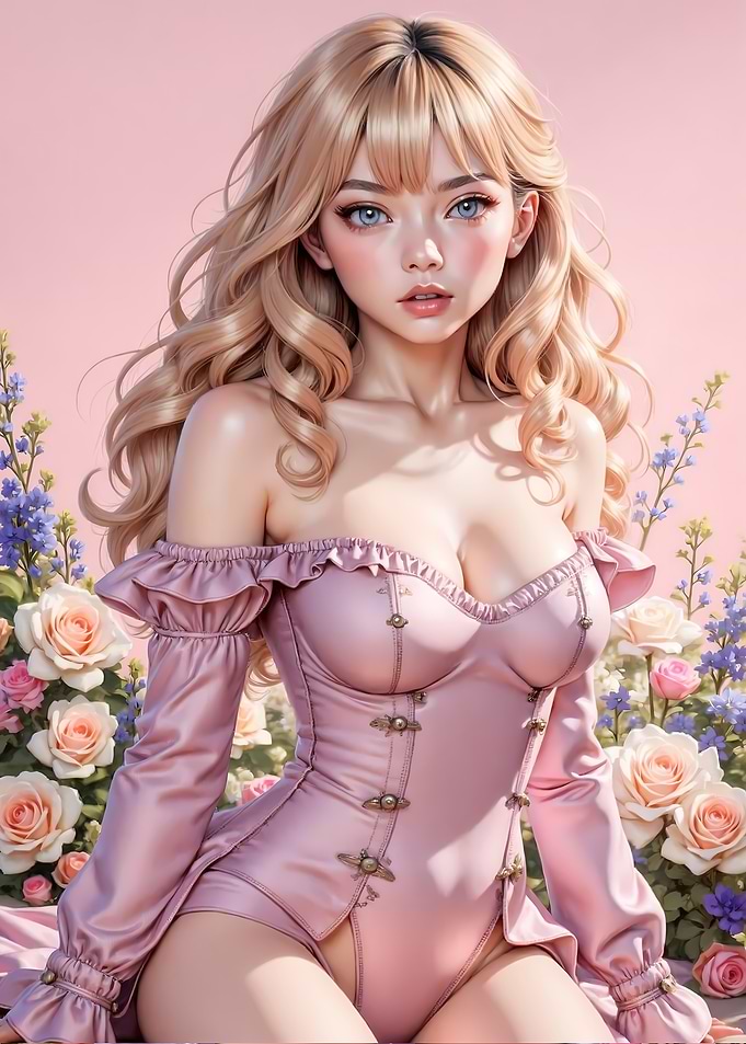 Anime Girl in Pink Corset with Flowers