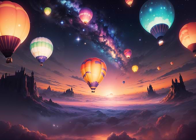 Hot Air Balloons Over Fantasy Landscape