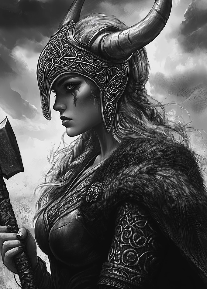Viking Warrior Woman Portrait in Black and White