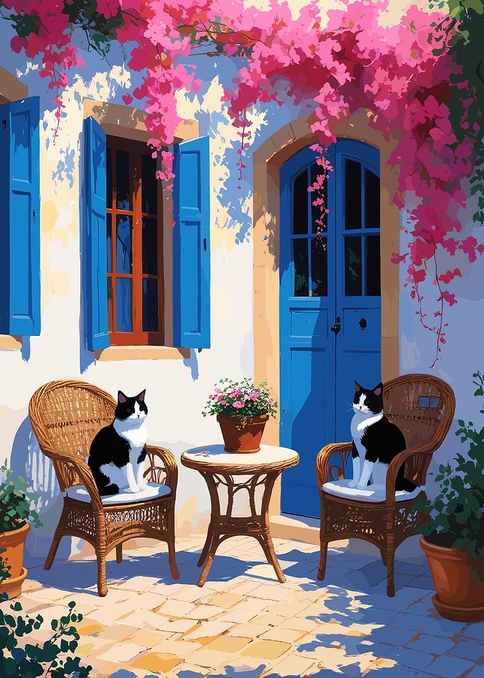 Cats in a Mediterranean Courtyard
