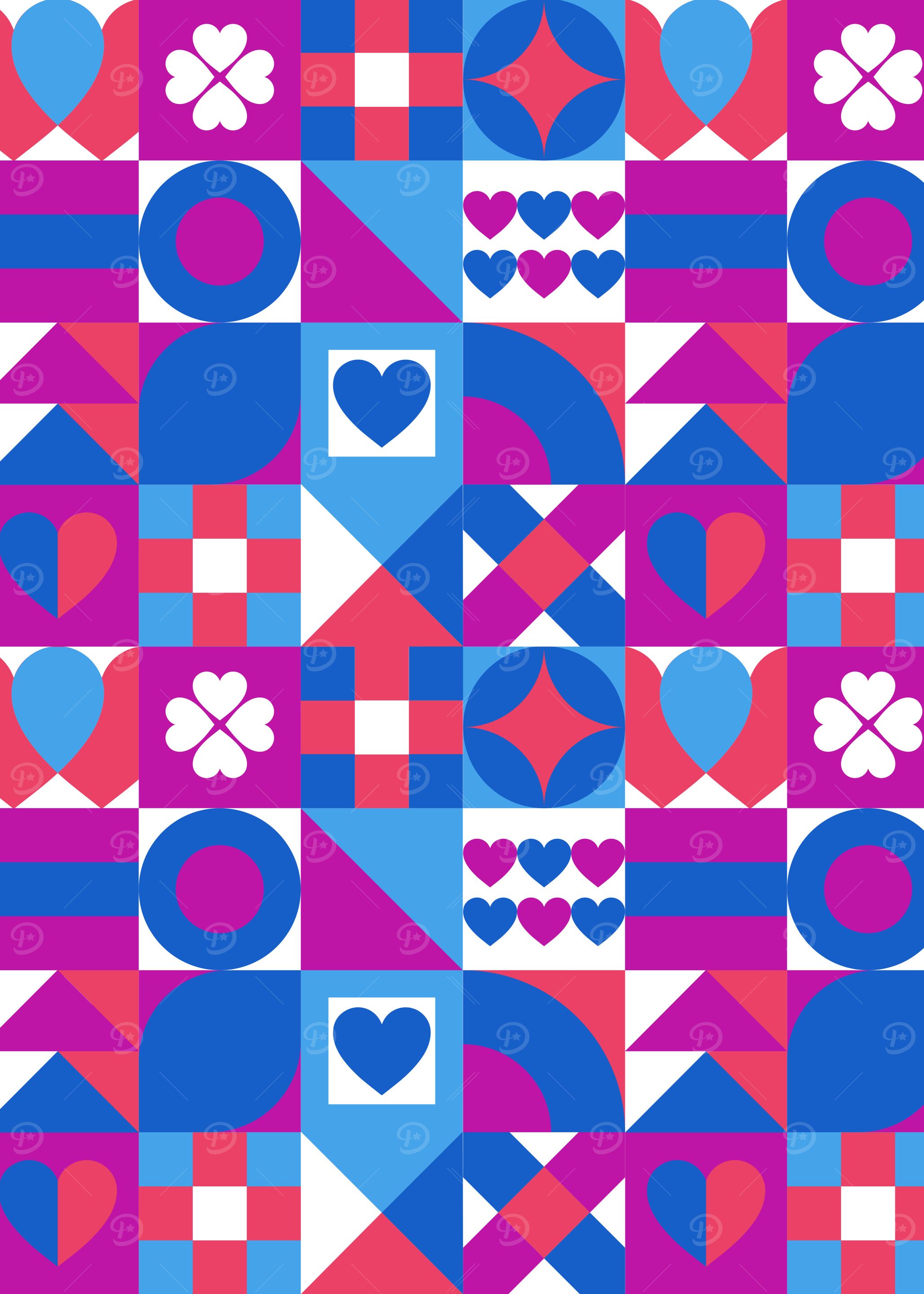 Retrowave Geometric Pattern with Hearts and Clovers