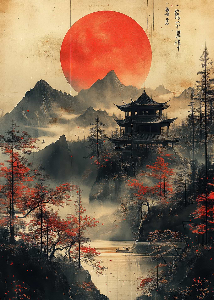 Japanese Landscape with Temple and Sun