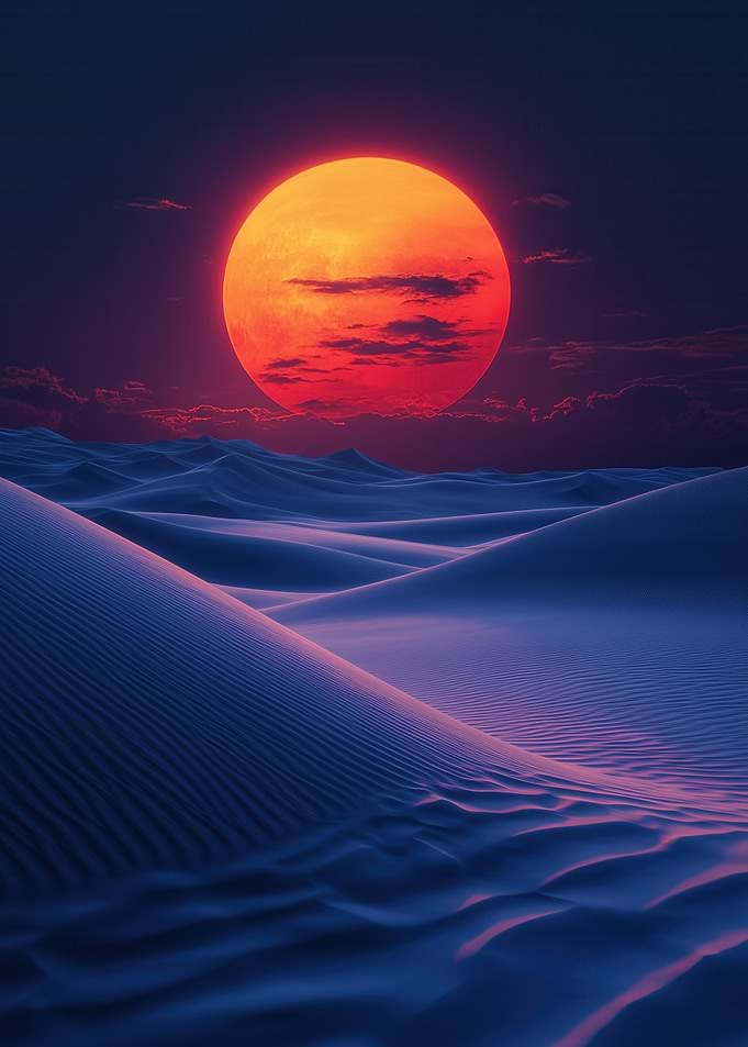 Sunset over blue sand dunes