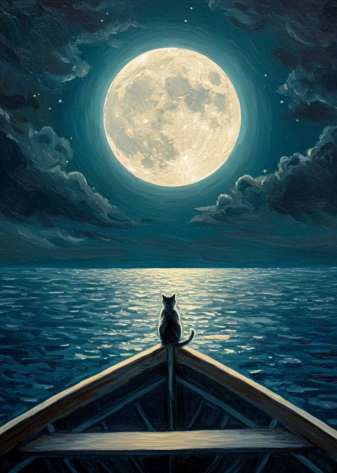 Cat on Boat Under Moonlight