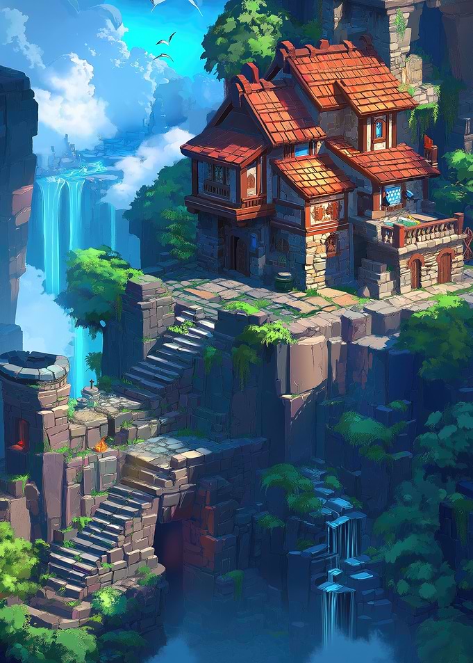Fantasy Cliffside House with Waterfalls