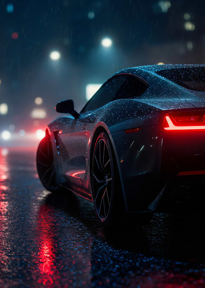 Sleek Car in Rainy City Night