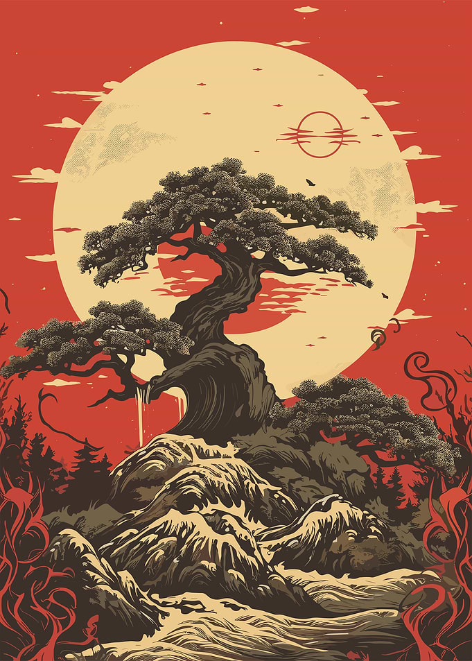 Bonsai Tree Under Full Moon Art