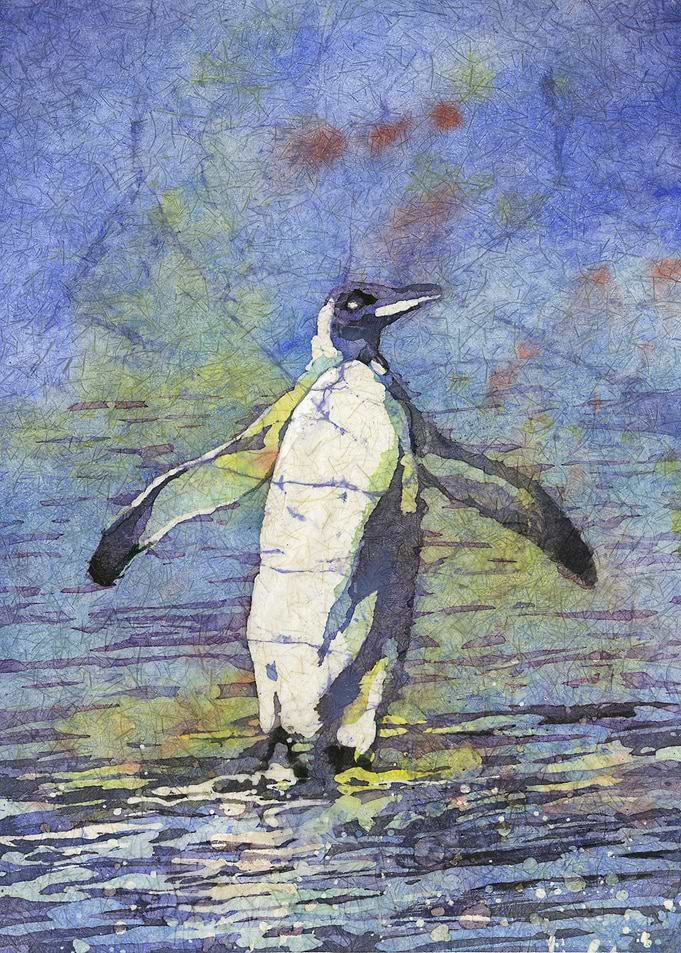 Watercolor Penguin Batik Painting