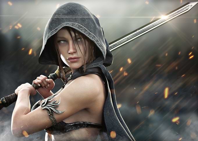 Hooded Warrior Woman with Sword