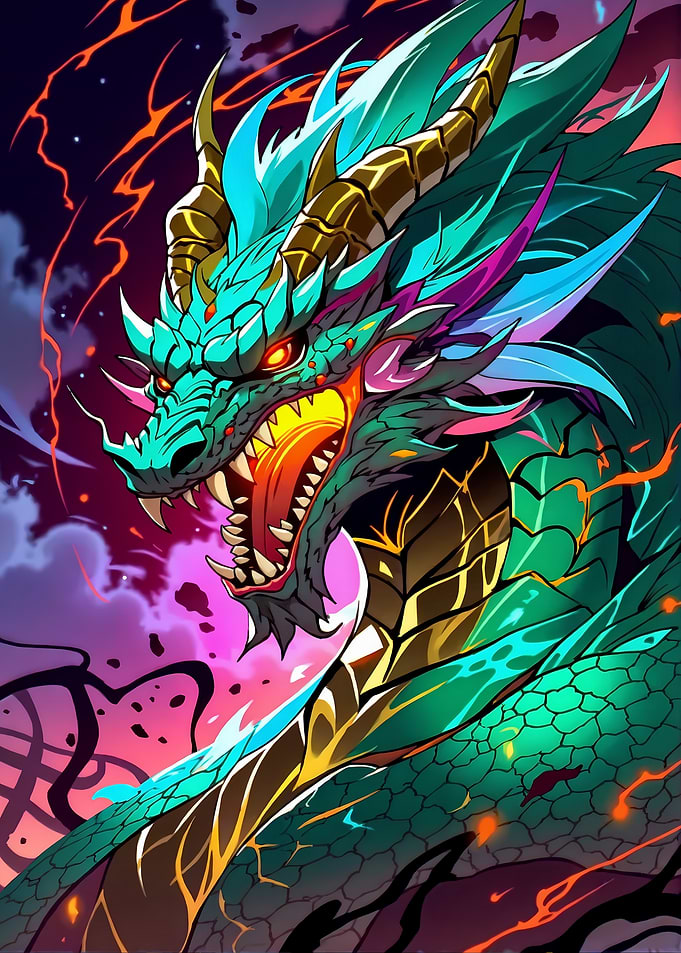 Majestic Teal and Gold Dragon Illustration