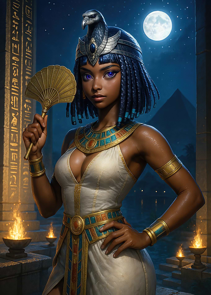 Amethyst-Eyed Egyptian Queen Before the Glowing Hieroglyph Colonnade
