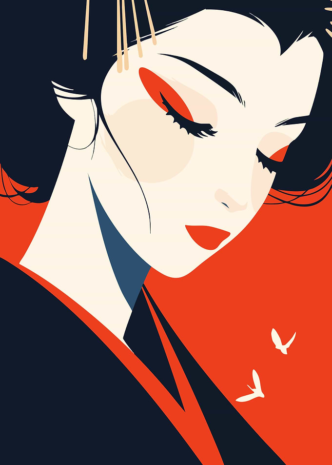 Geisha Portrait Red Theme Minimalist Art Illustration