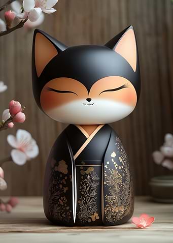 Fox Kokeshi Doll with Floral Kimono