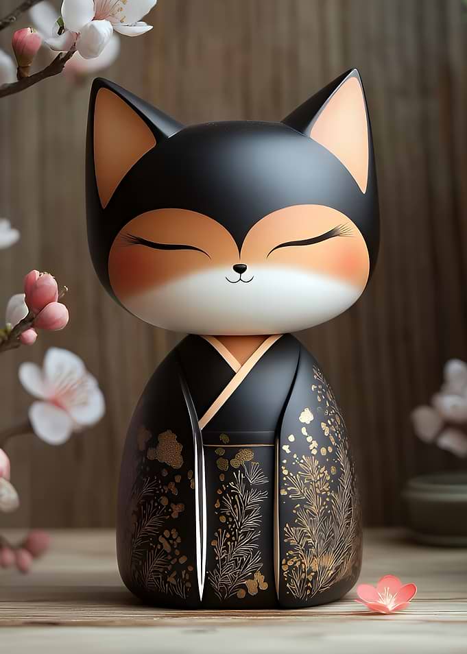 Fox Kokeshi Doll with Floral Kimono
